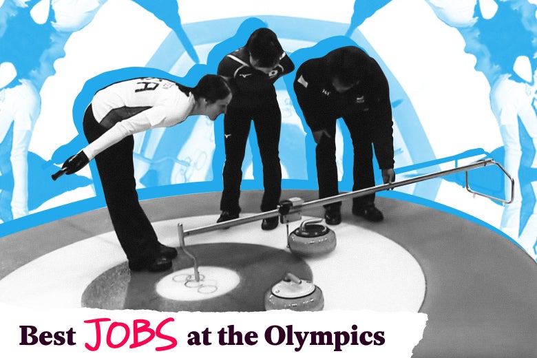 The curling measuring device guy uses his measuring device to check which stone is closest as two curlers look on.